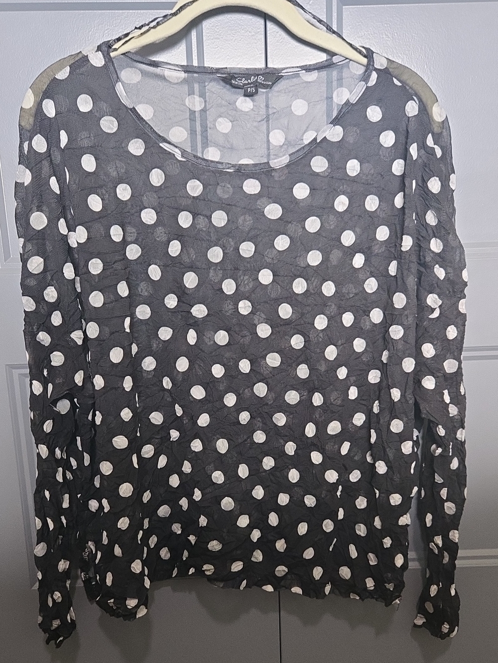 Sheer Black Long-Sleeve Polka Dot Top